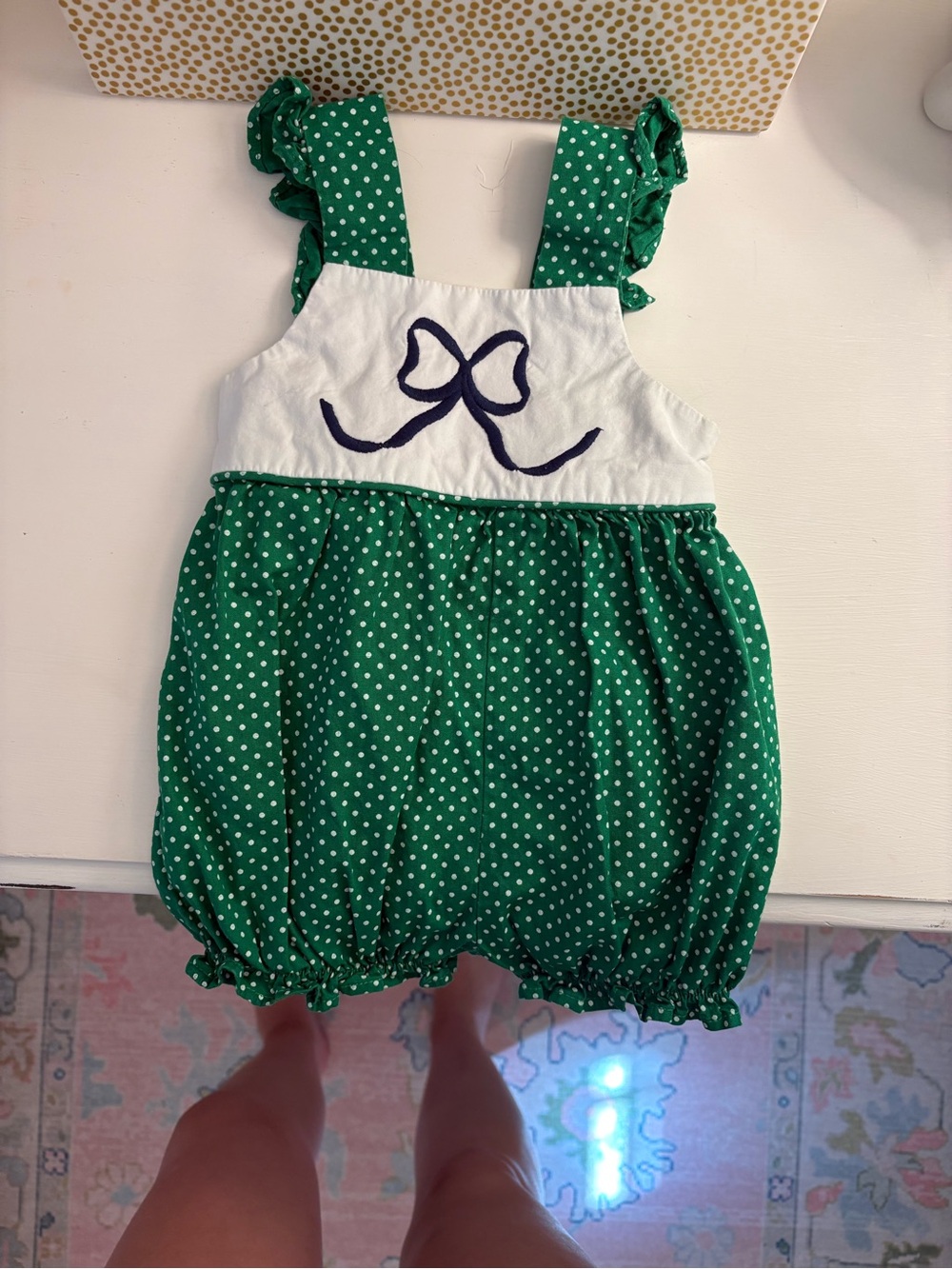 Green Polka Dot Bubble Romper with Bow Accent